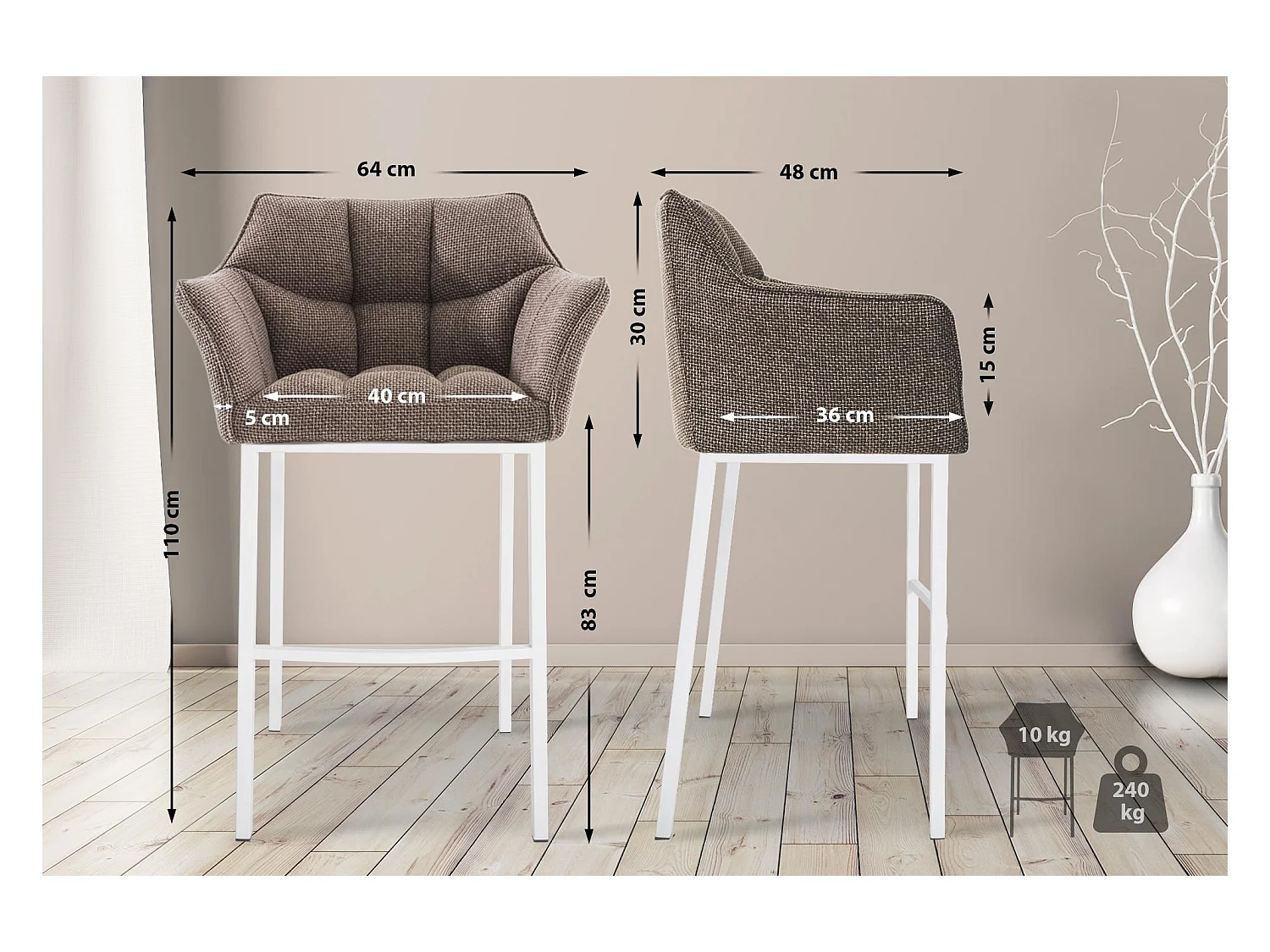 Lot de 2  Tabouret de bar - Tissu & Blanc - Marron terre - Damaso