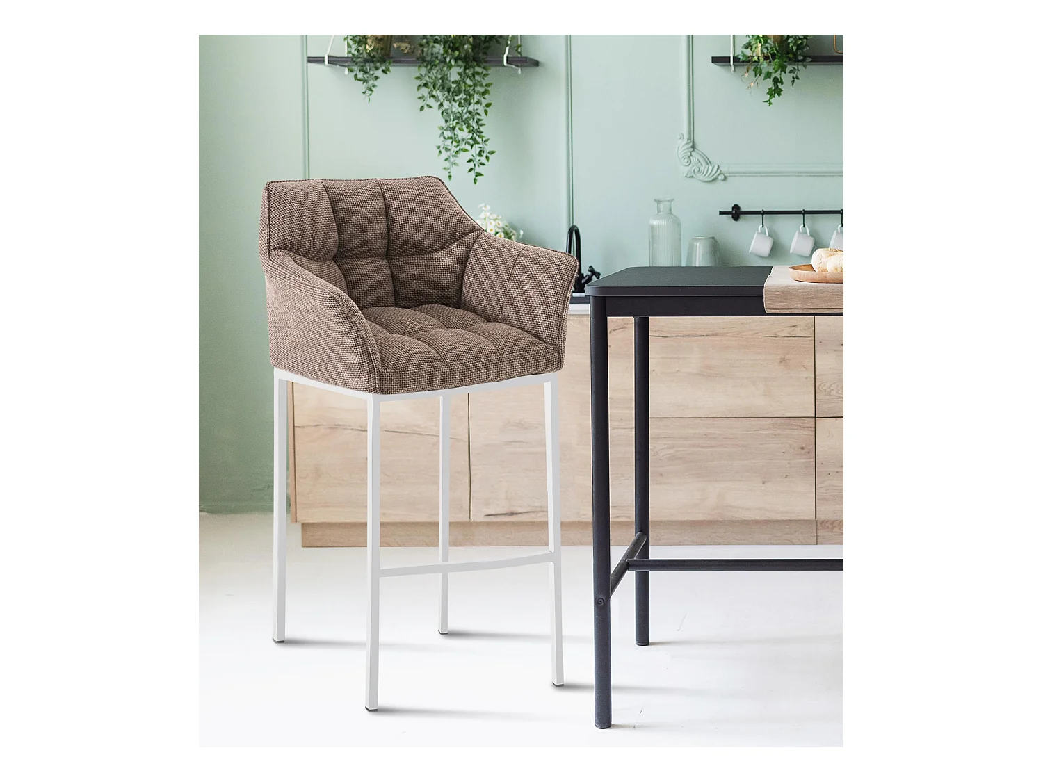 Lot de 2  Tabouret de bar - Tissu & Blanc - Marron terre - Damaso