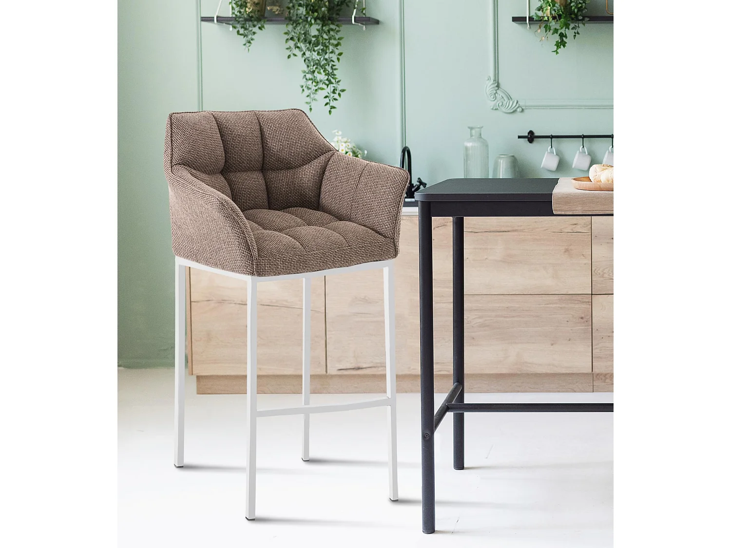 Lot de 2  Tabouret de bar - Tissu & Blanc - Marron terre - Damaso