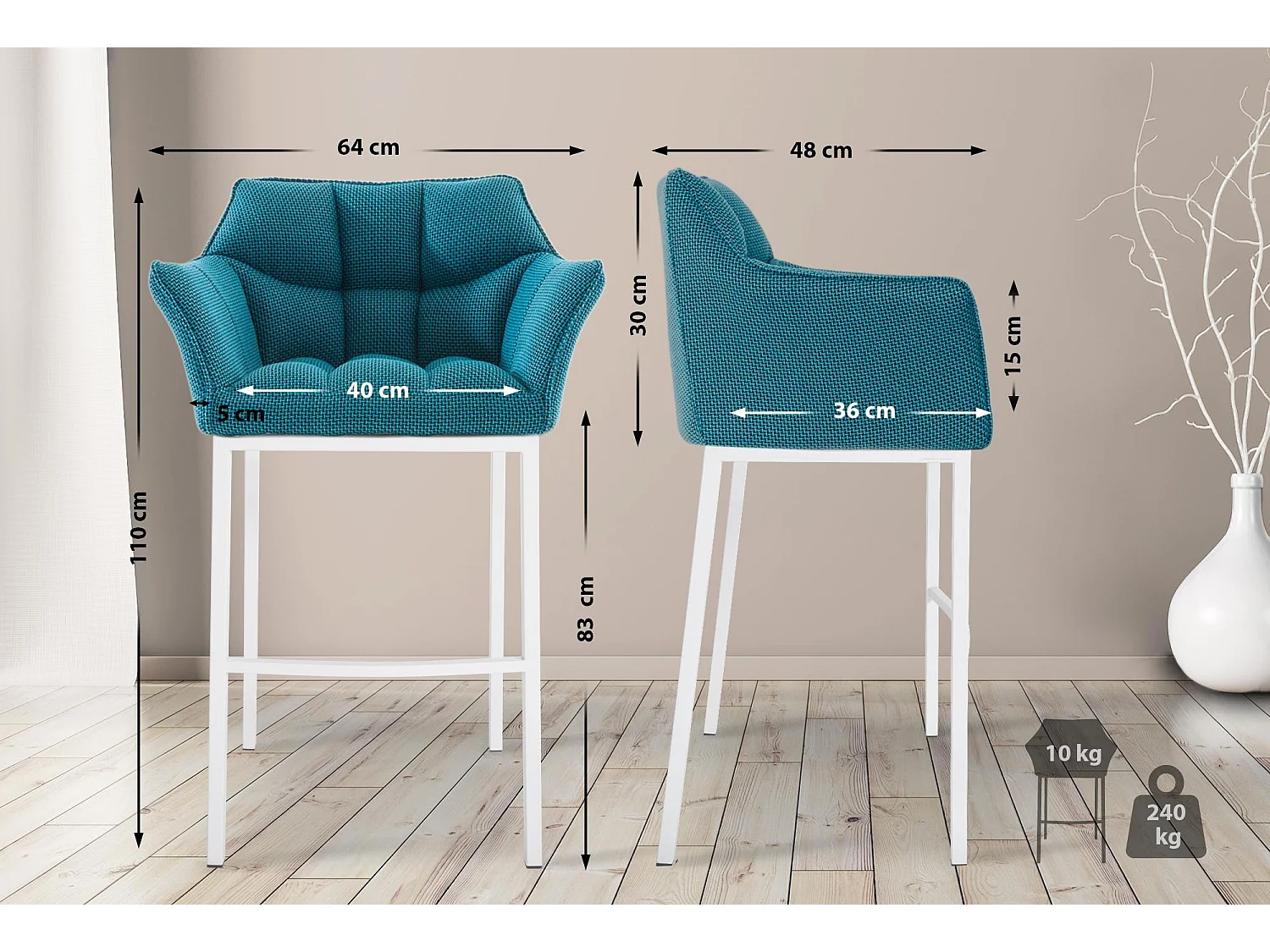 Lot de 2  Tabouret de bar - Tissu & Blanc - Turquoise - Damaso