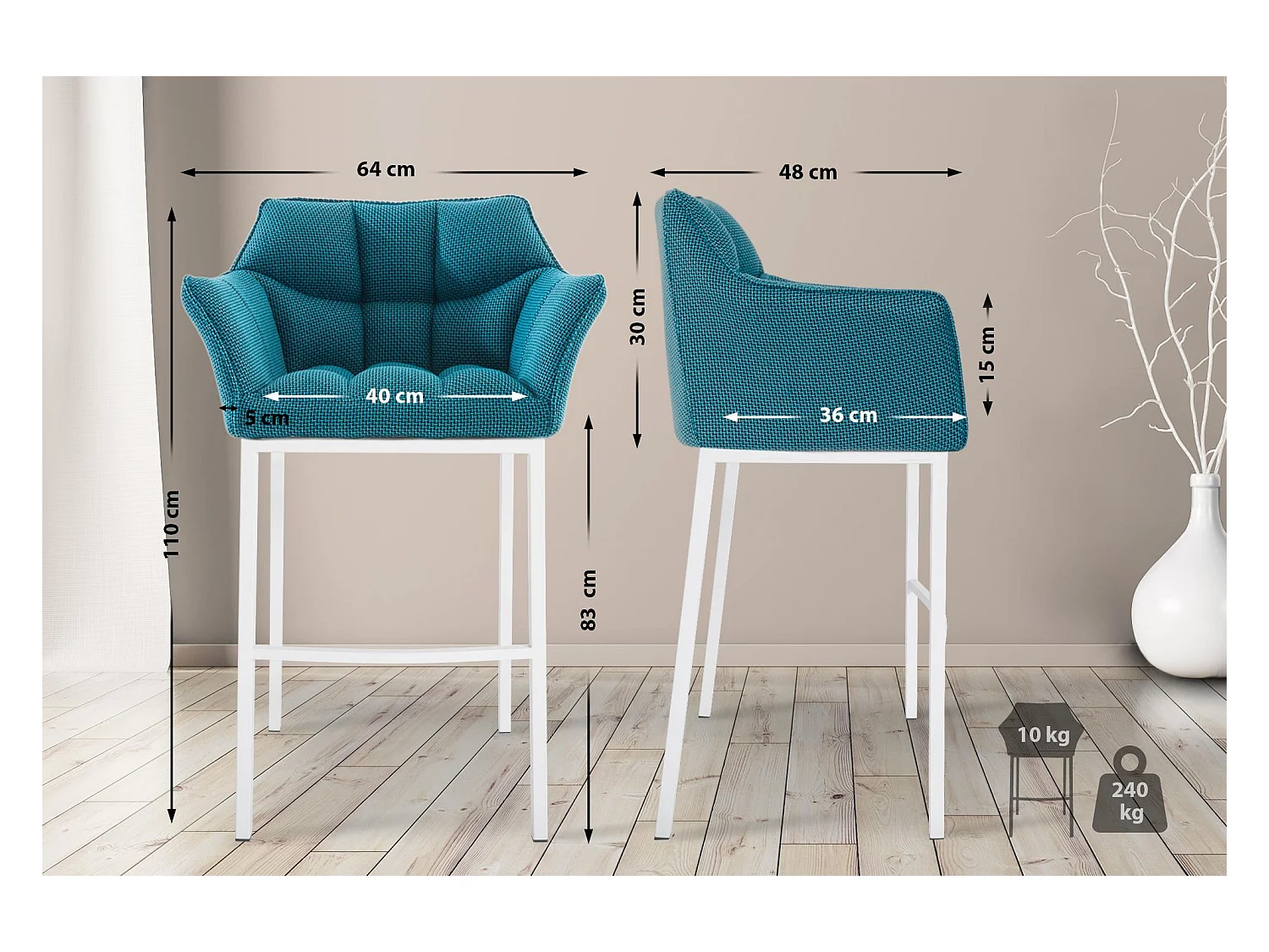 Lot de 2  Tabouret de bar - Tissu & Blanc - Turquoise - Damaso