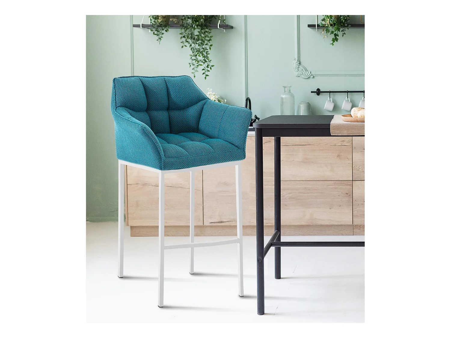 Lot de 2  Tabouret de bar - Tissu & Blanc - Turquoise - Damaso