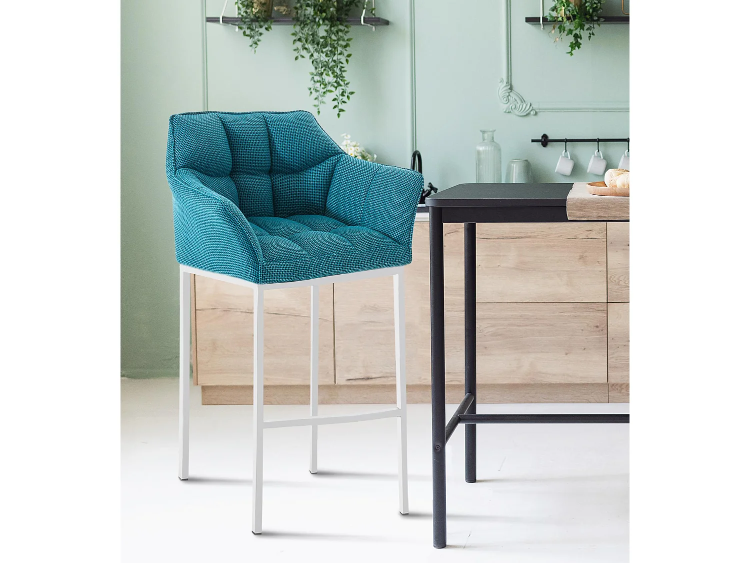 Lot de 2  Tabouret de bar - Tissu & Blanc - Turquoise - Damaso