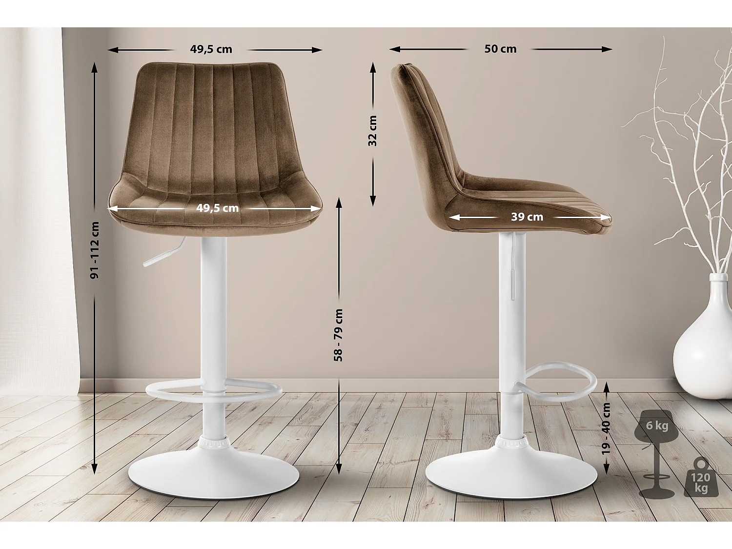 Tabouret de bar - Velours & Blanc - Marron - Toni