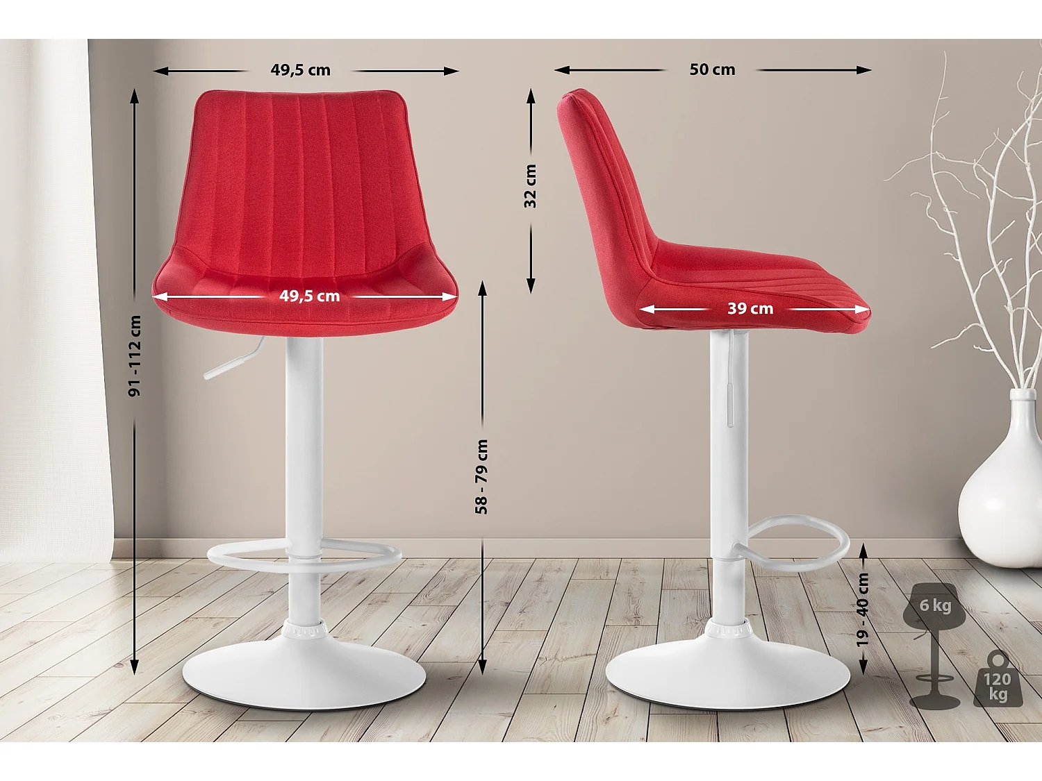 Tabouret de bar - Tissu & Blanc - Rouge - Toni