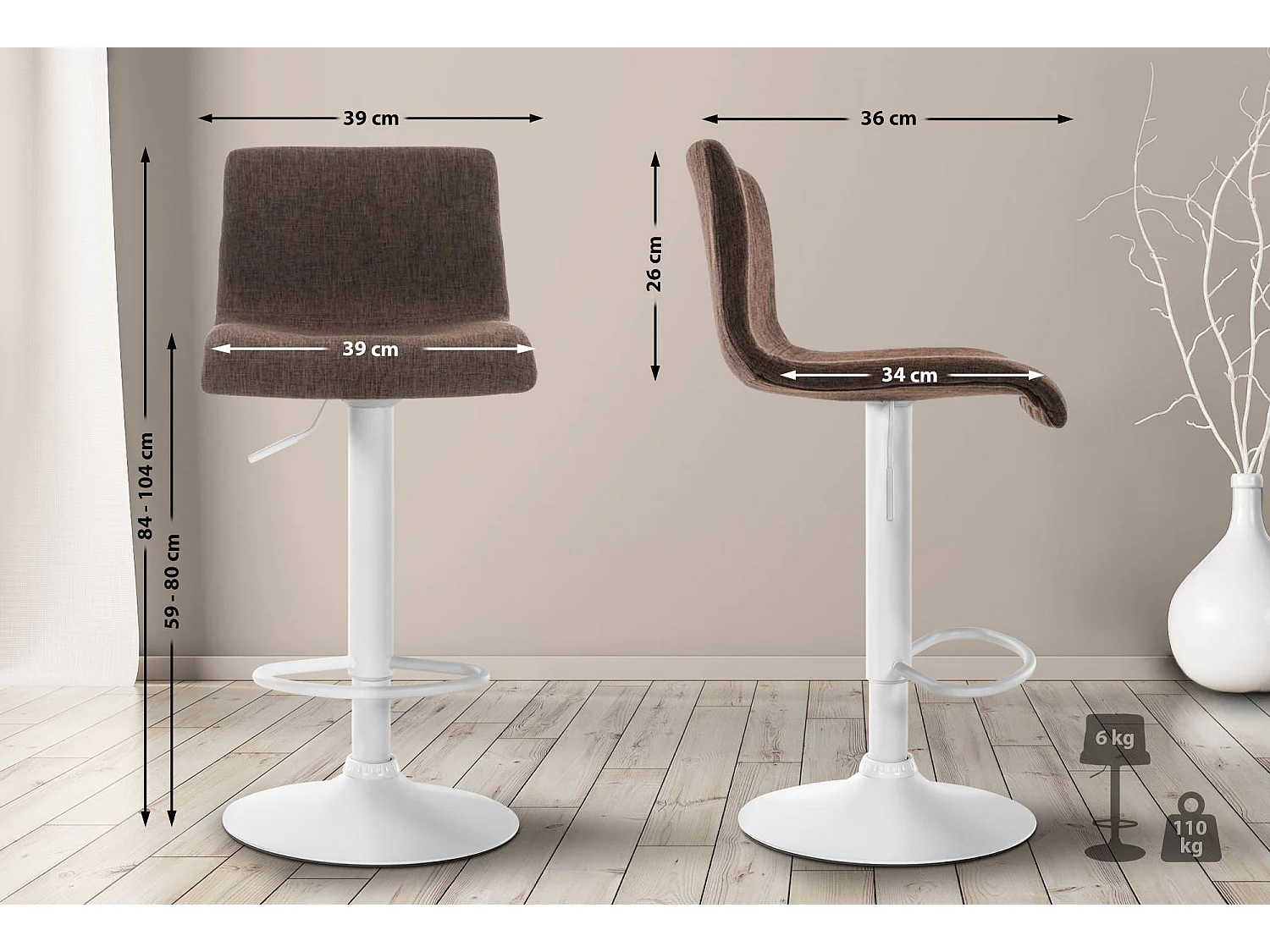 Tabouret de bar - Tissu & Métal blanc mat - Marron - Hover