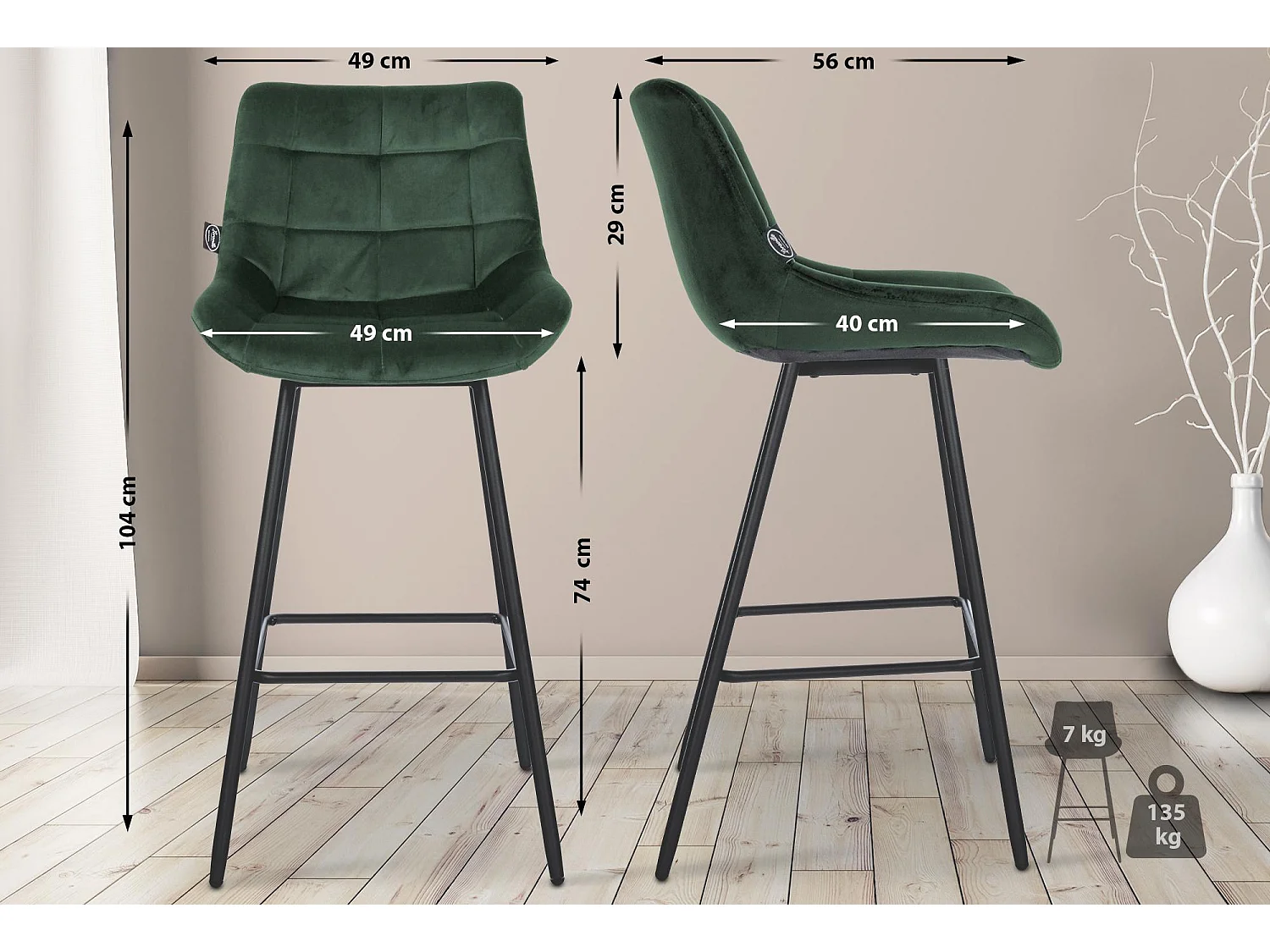 Tabouret de bar - Velours - Vert foncé - Weston