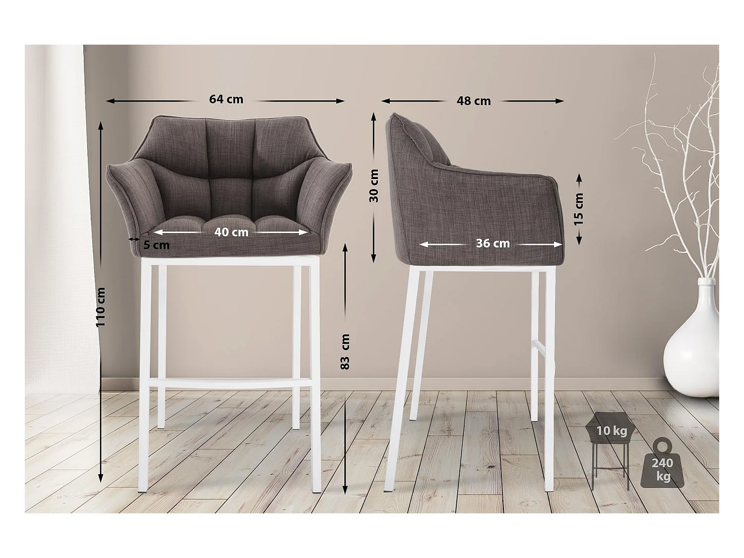 Lot de 2  Tabouret de bar - Tissu & Blanc - Gris - Damaso
