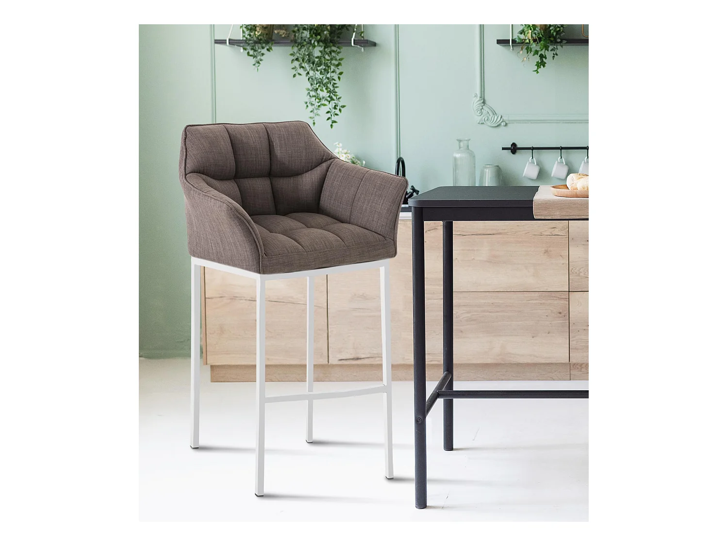 Lot de 2  Tabouret de bar - Tissu & Blanc - Gris - Damaso