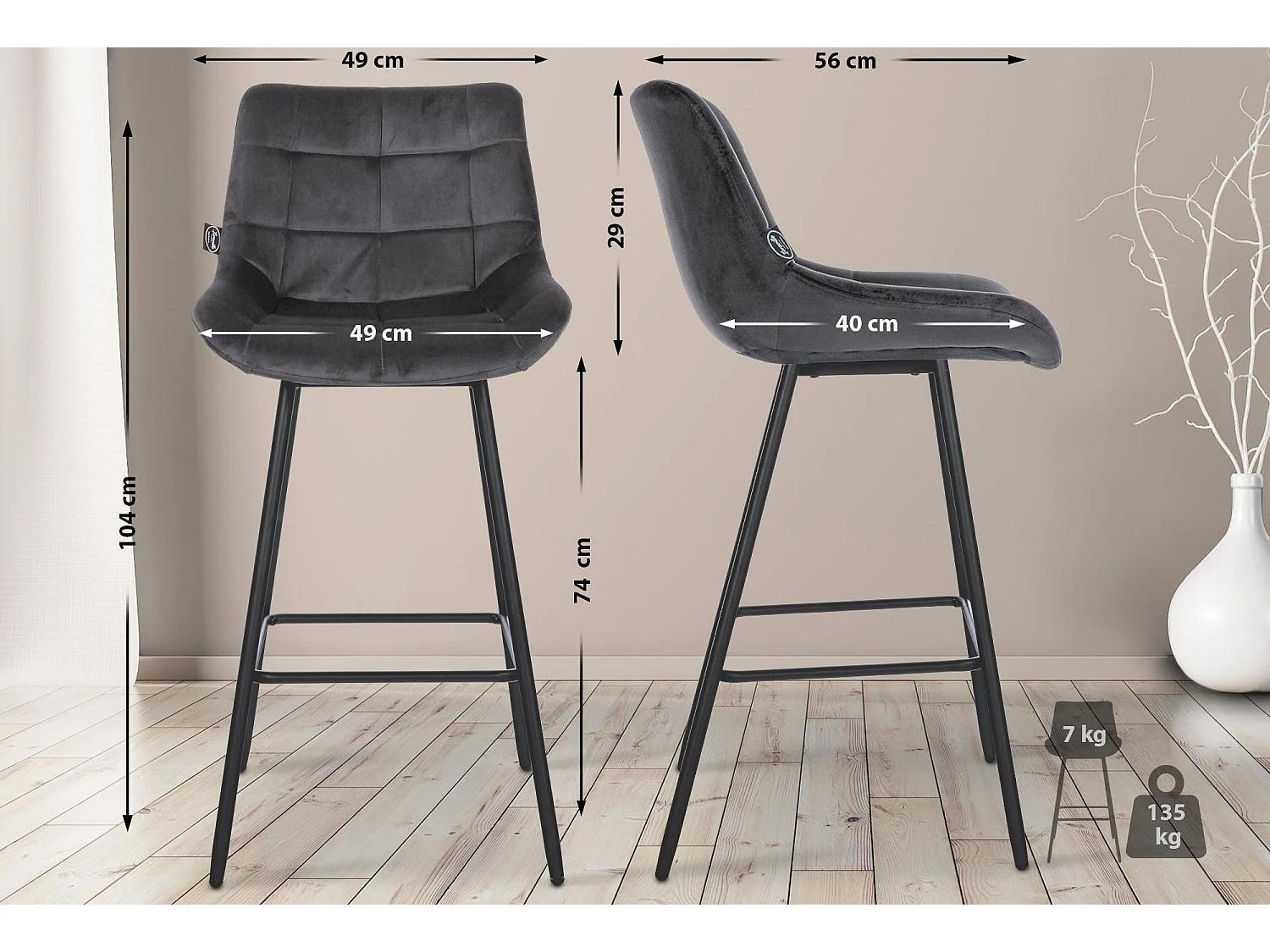 Tabouret de bar - Velours & Métal - Gris foncé - Weston