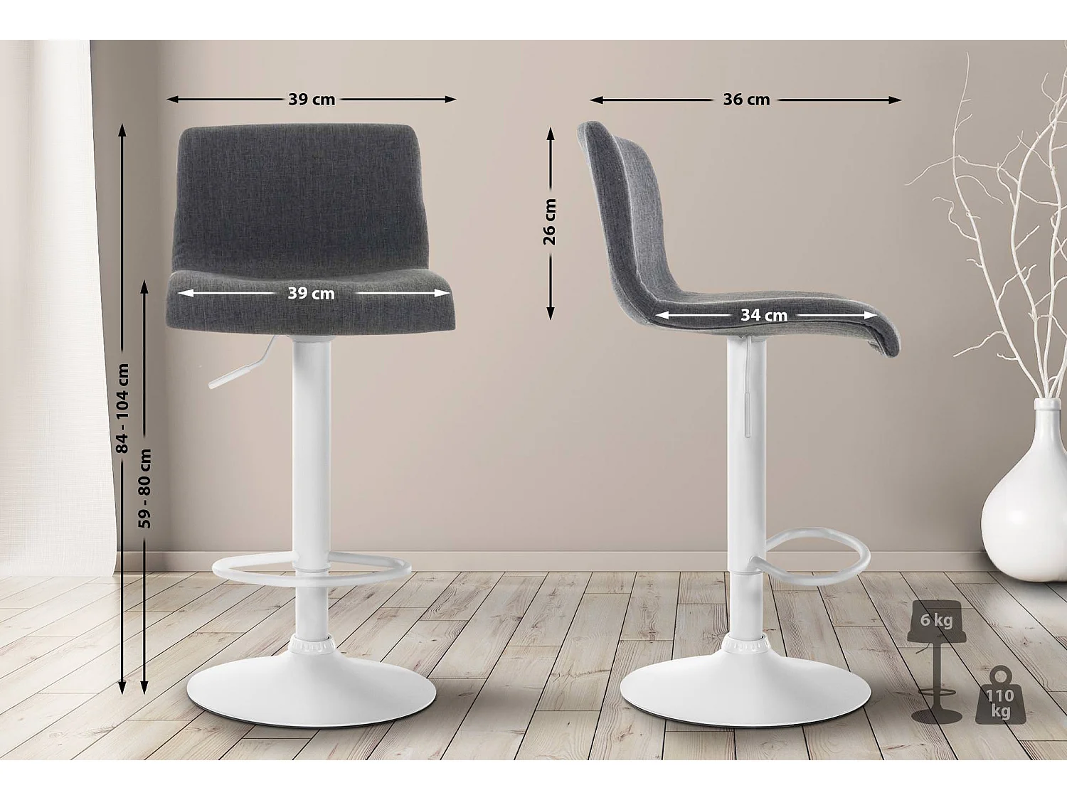 Tabouret de bar - Tissu & Métal blanc mat - Gris foncé - Hover