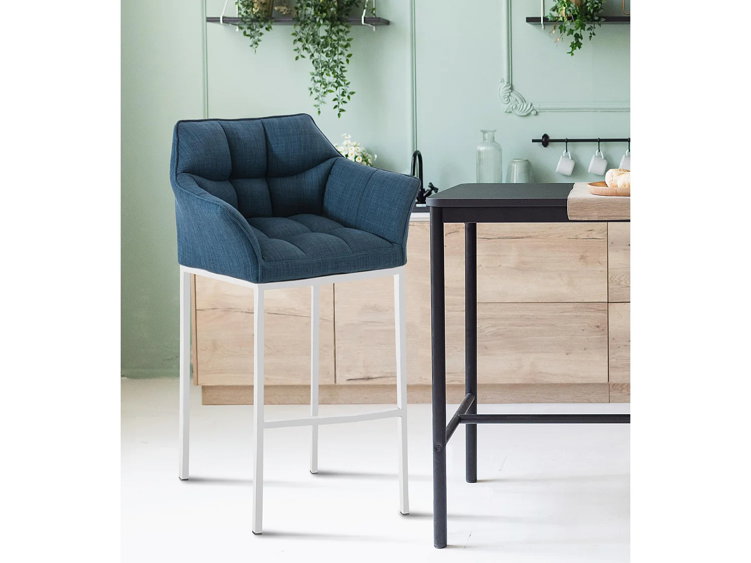 Barhocker - Stoff & weiß - blau - Damaso