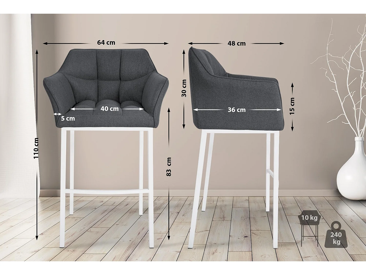 Tabouret de bar - Feutrine & Blanc - Gris - Damaso