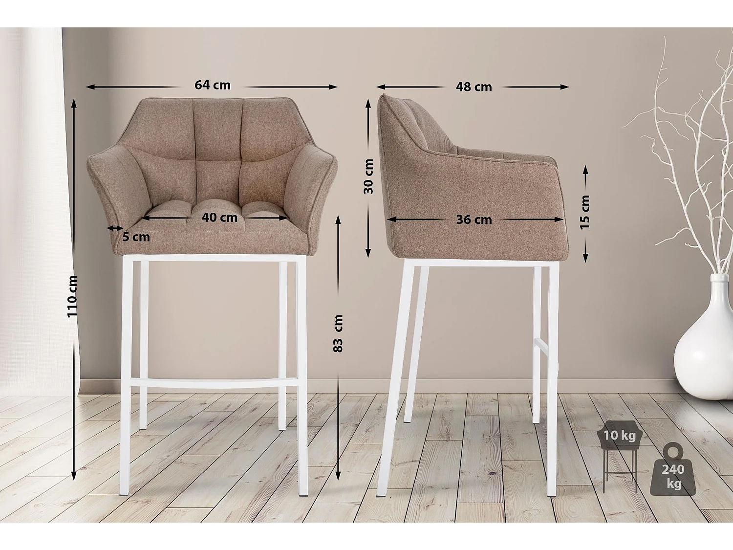 Tabouret de bar - Feutrine & Blanc - Taupe - Damaso