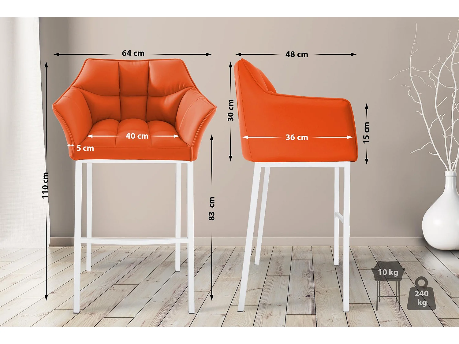 Tabouret de bar - Similicuir & Blanc - Orange - Damaso