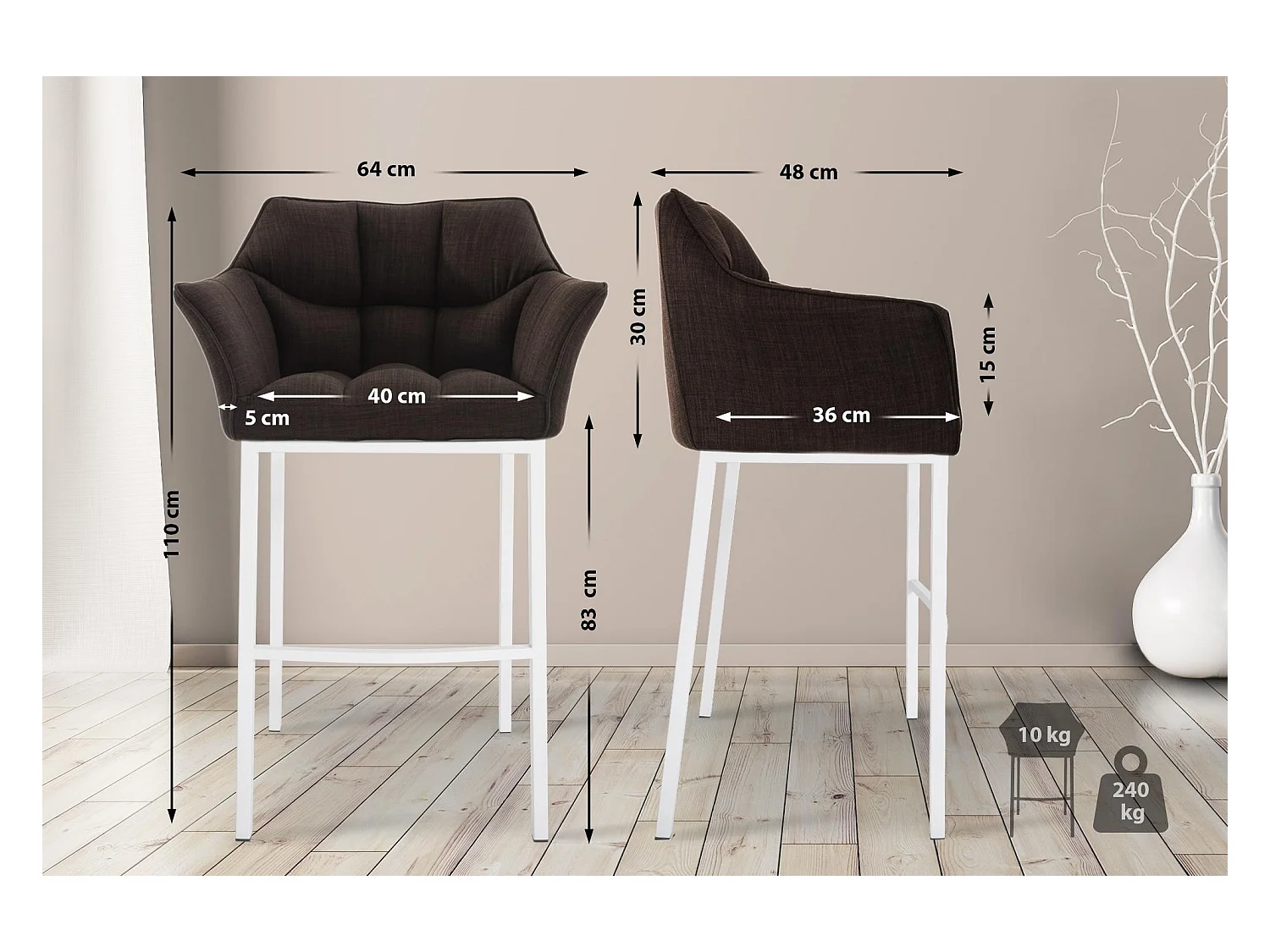 Lot de 2  Tabouret de bar - Tissu & Blanc - Marron - Damaso