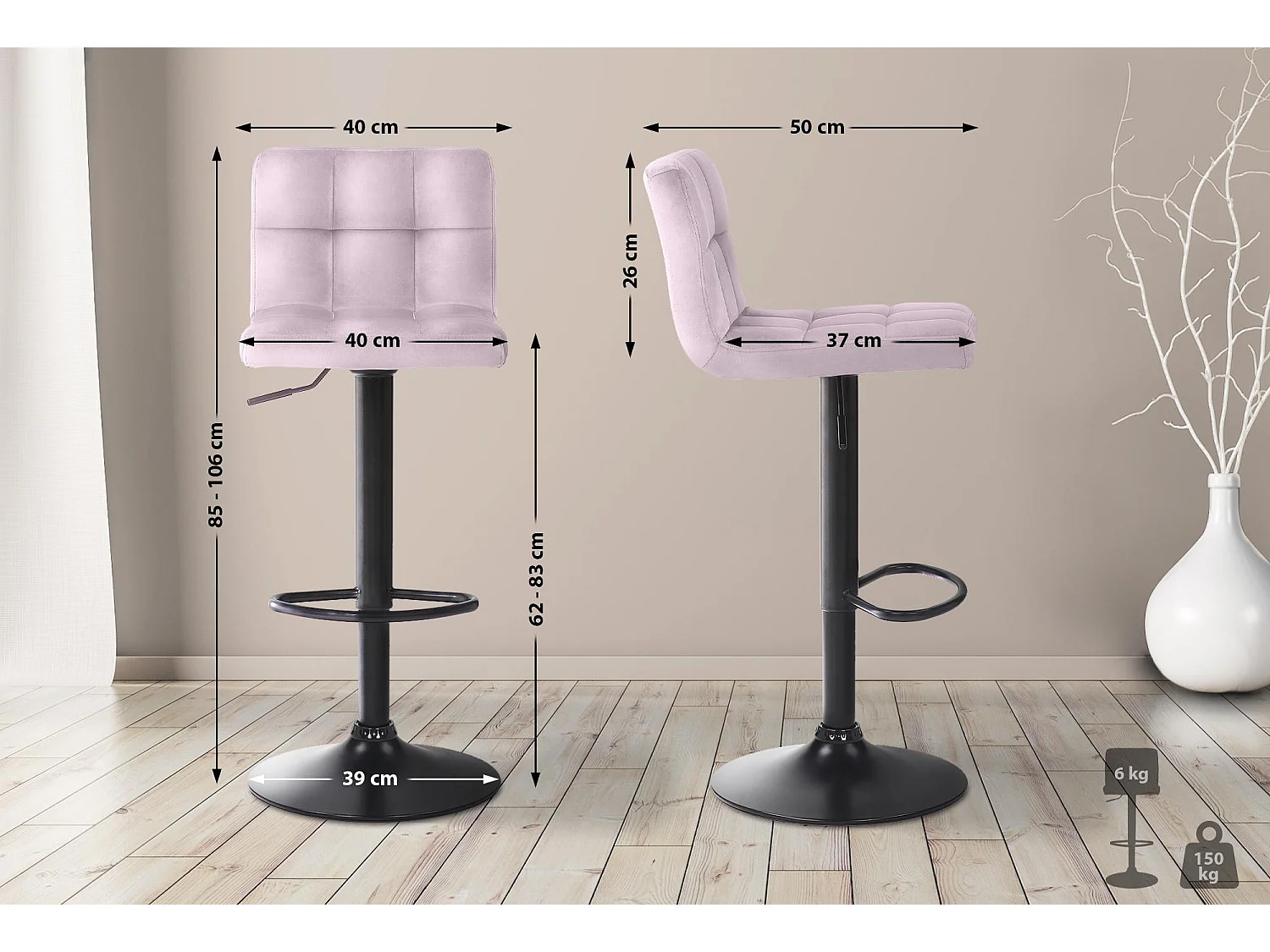 Tabouret de bar - Velours - Rose - Feni
