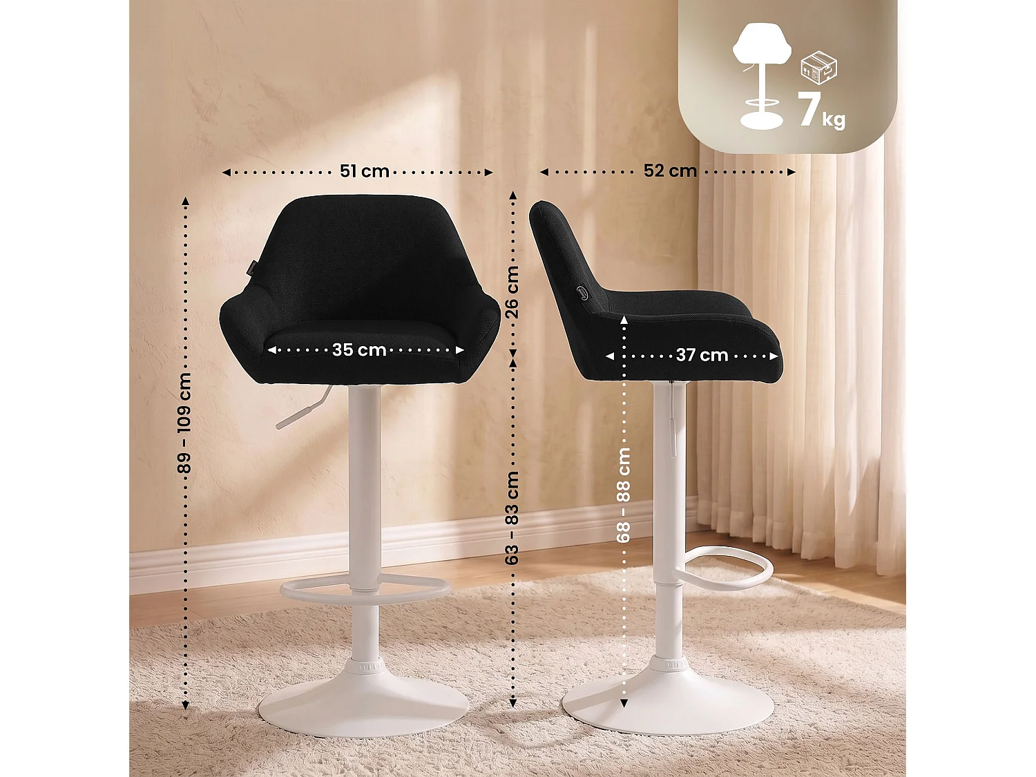 Tabouret de bar - Tissu & Blanc - Noir - Braga