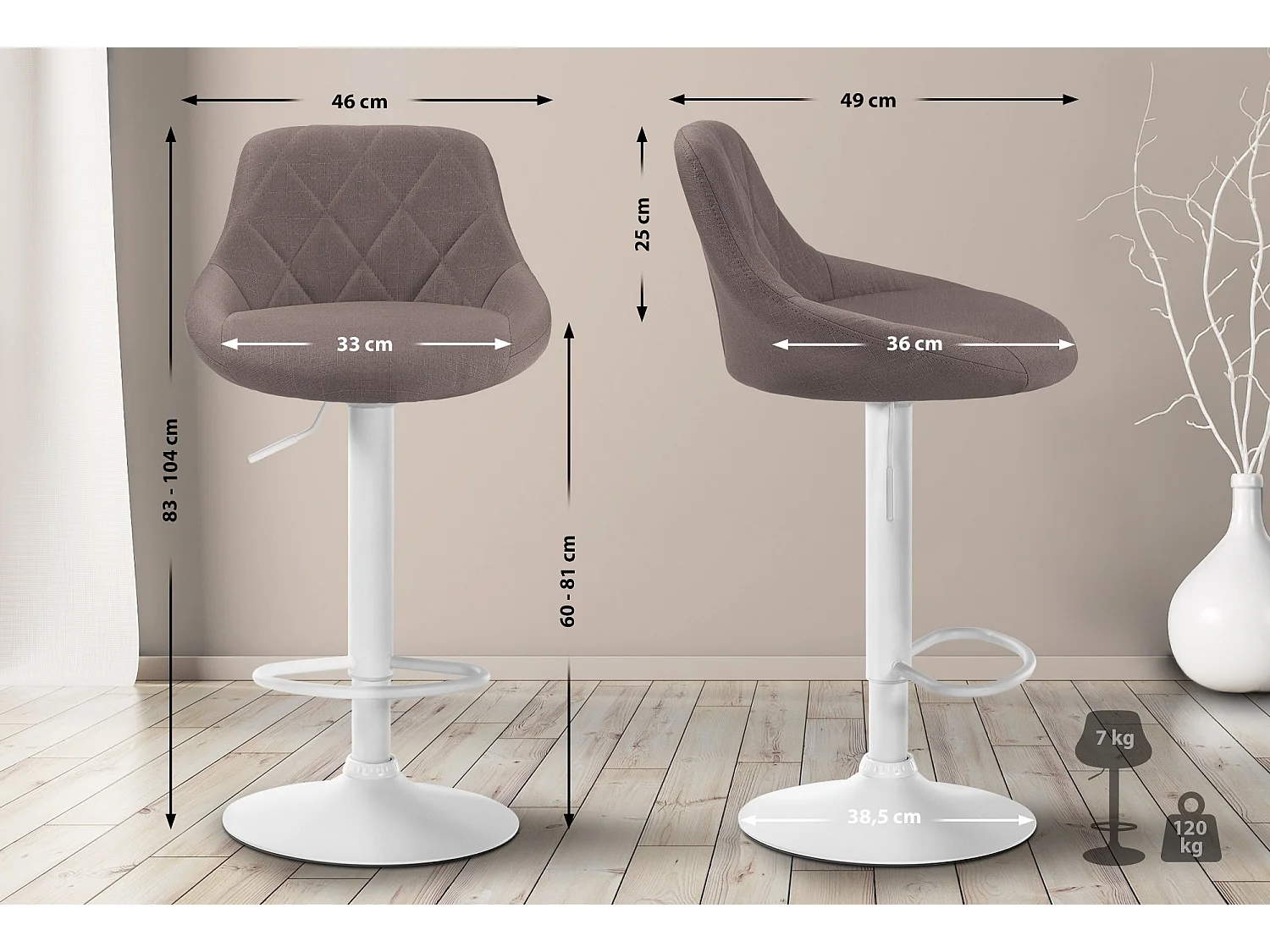 Tabouret de bar - Tissu & Blanc - Taupe - Lazio