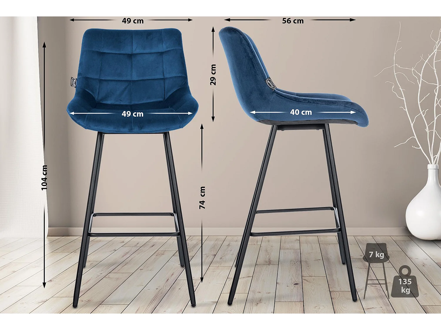 Tabouret de bar - Velours - Bleu - Weston