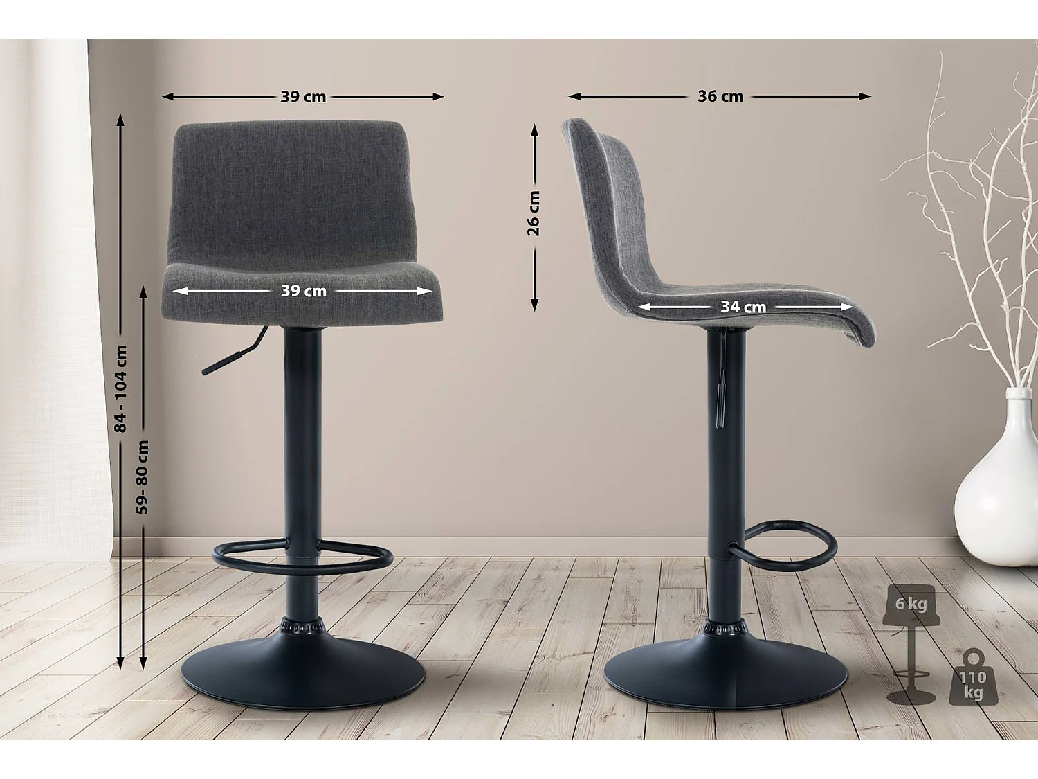 Tabouret de bar - Tissu & Métal noir mat - Gris foncé - Hover