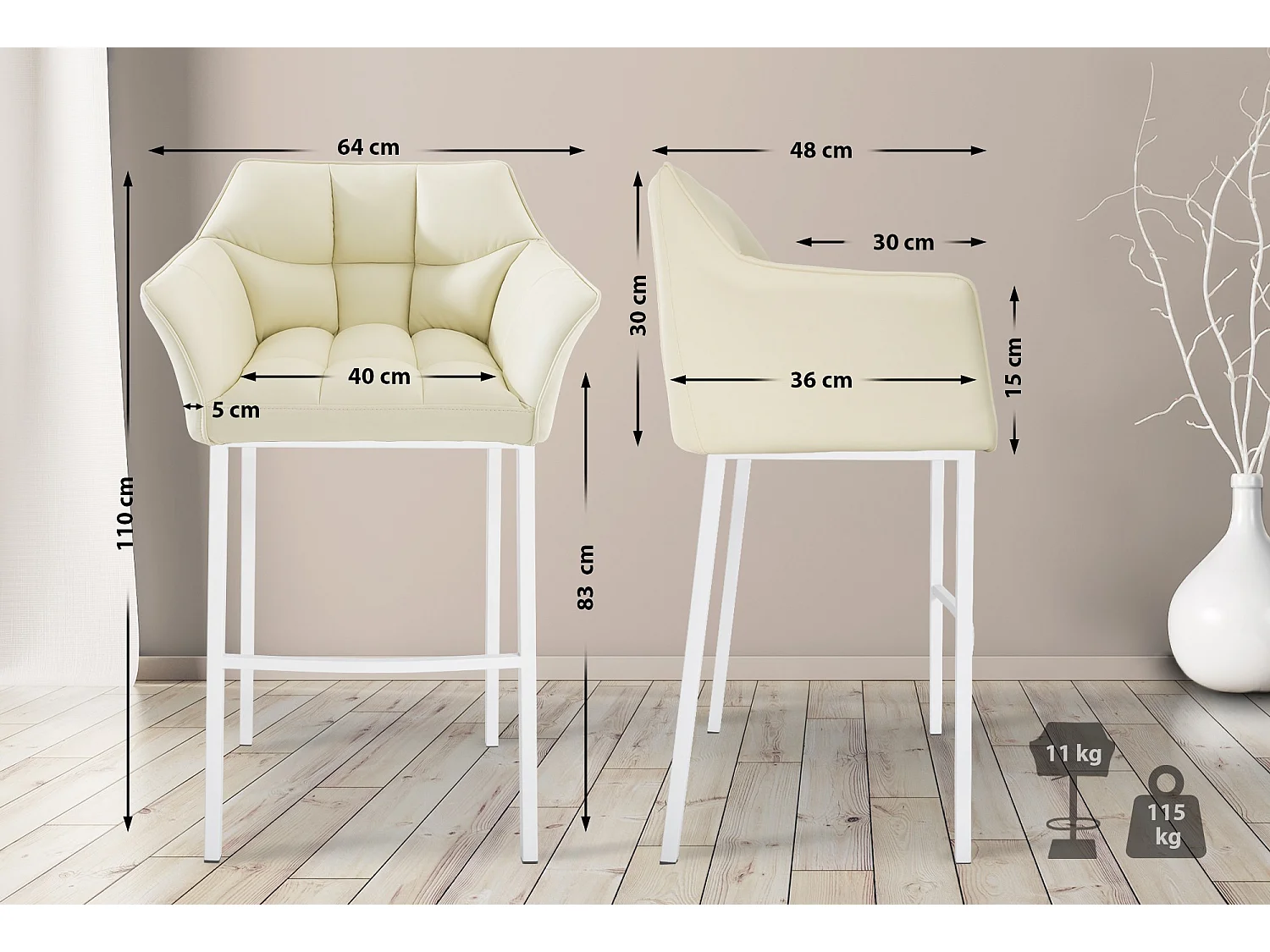 Barhocker - Kunstleder & weiß - creme - Damaso