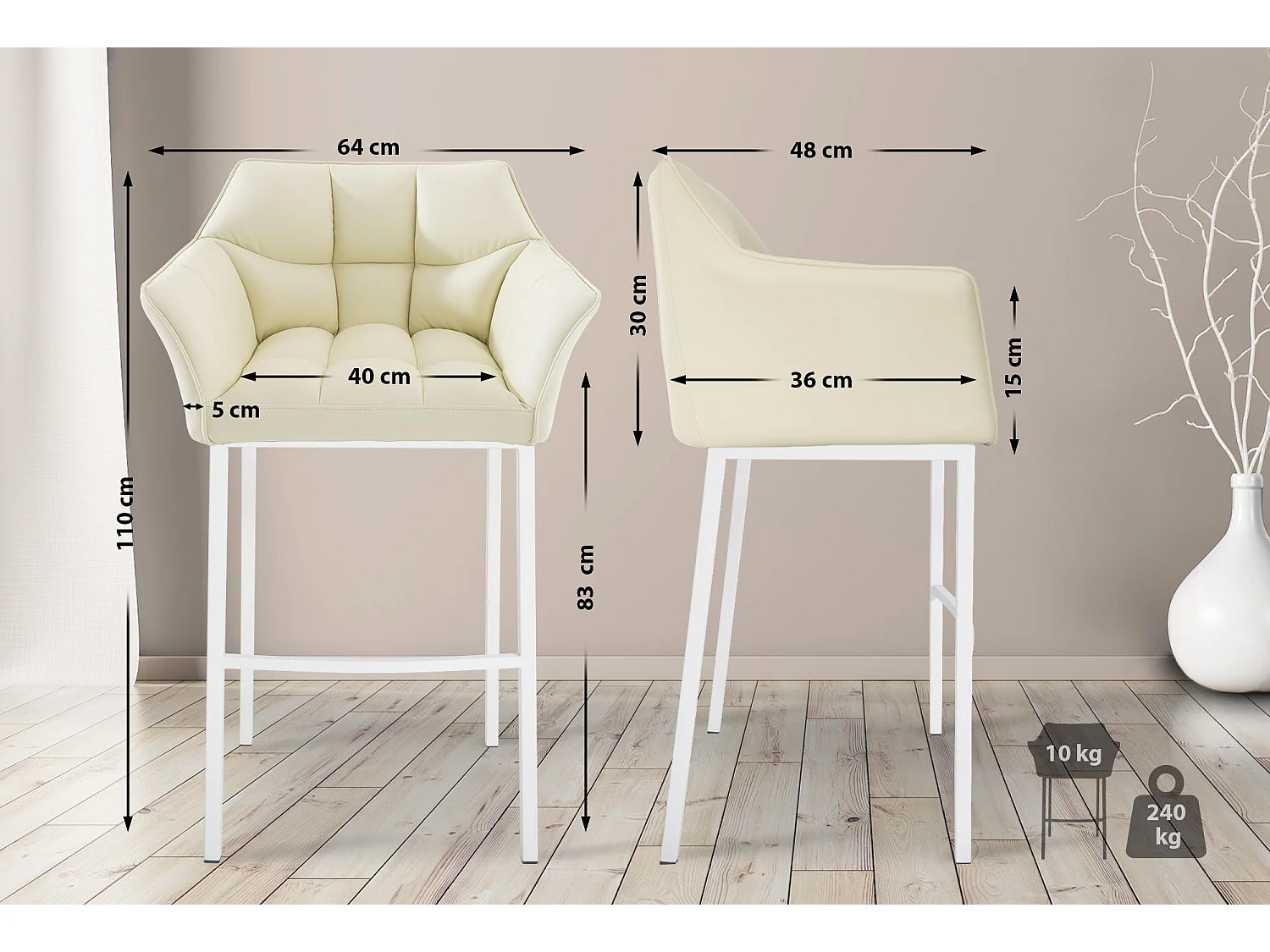 Tabouret de bar - Similicuir & Blanc - Crème - Damaso
