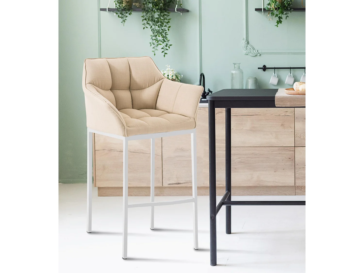 Lot de 2  Tabouret de bar - Tissu & Blanc - Crème - Damaso