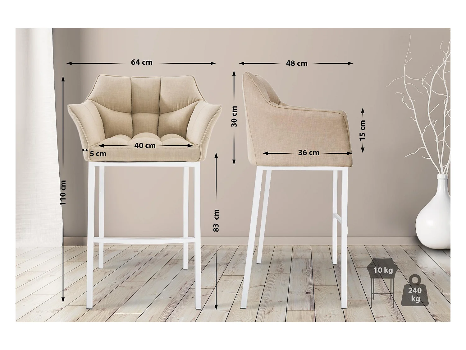 Lot de 2  Tabouret de bar - Tissu & Blanc - Crème - Damaso