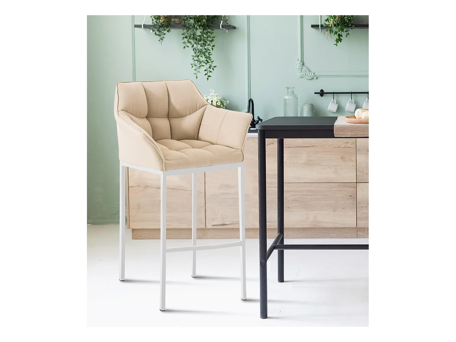Lot de 2  Tabouret de bar - Tissu & Blanc - Crème - Damaso