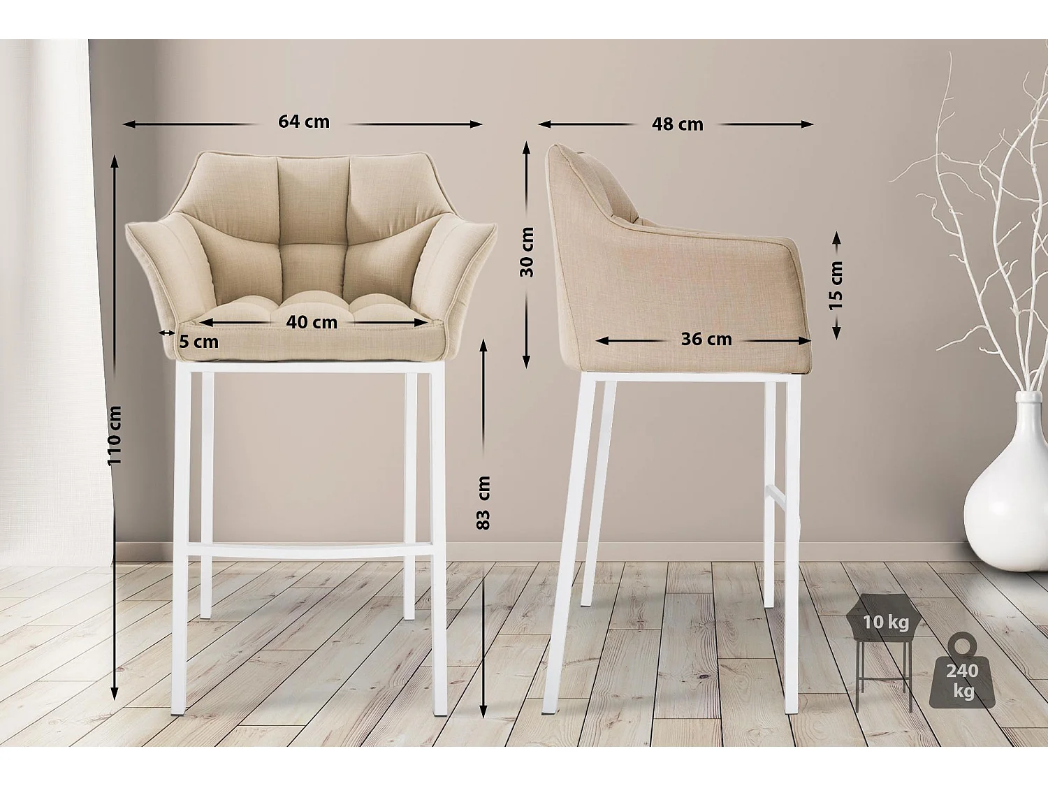 Lot de 2  Tabouret de bar - Tissu & Blanc - Crème - Damaso