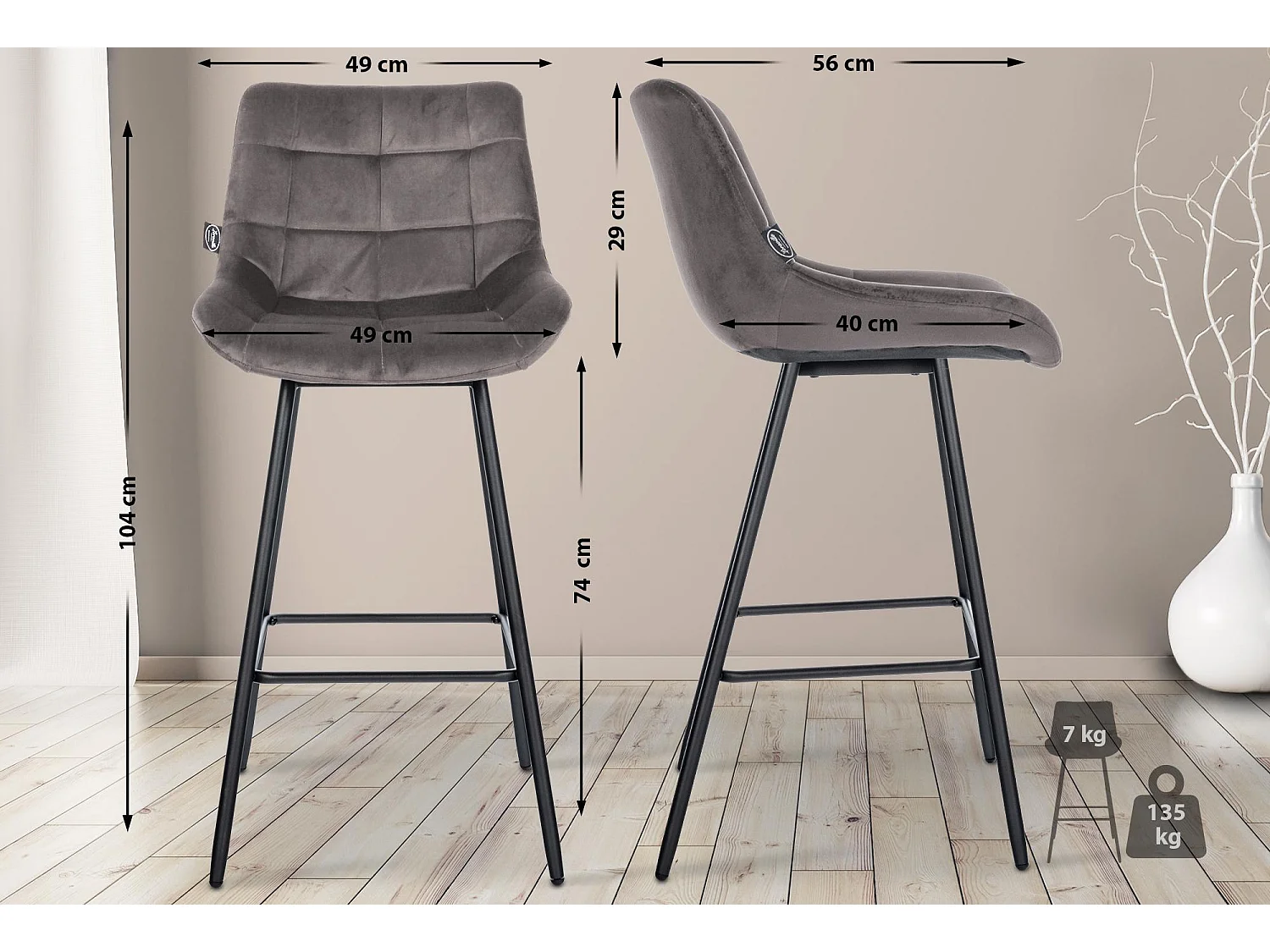 Tabouret de bar - Velours - Gris - Weston