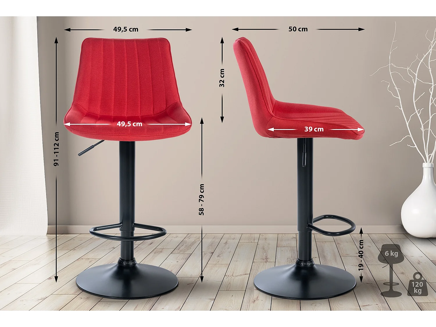 Tabouret de bar - Tissu & Noir - Rouge - Toni