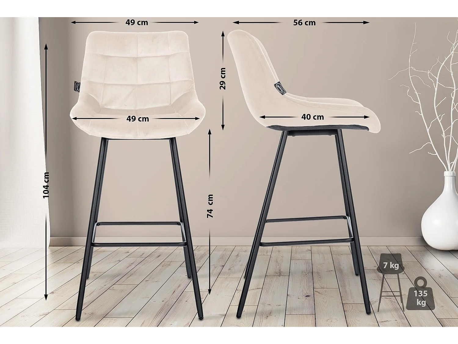 Tabouret de bar - Velours - Crème - Weston