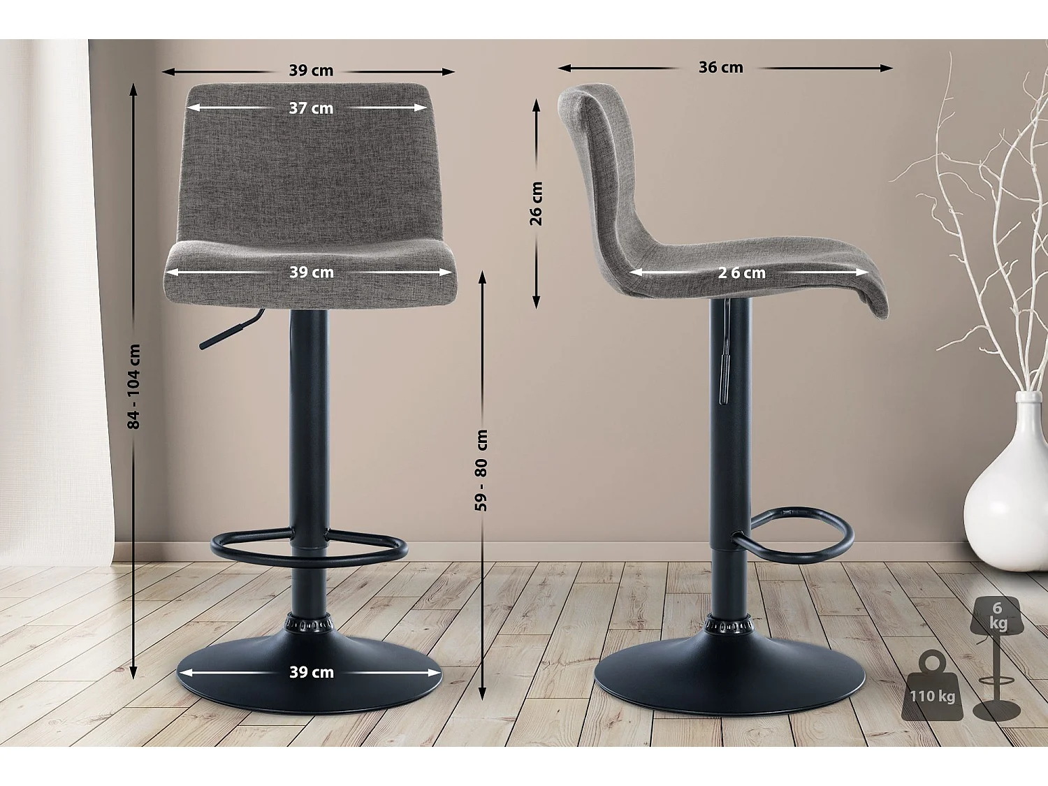 Lot de 2  Tabouret de bar - Tissu & Métal - Gris clair - Branford