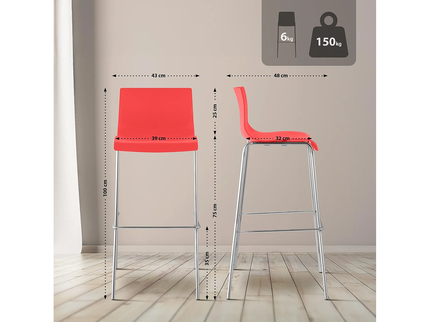 Tabouret de bar - Plastique & Chrome - Rouge - Hoover