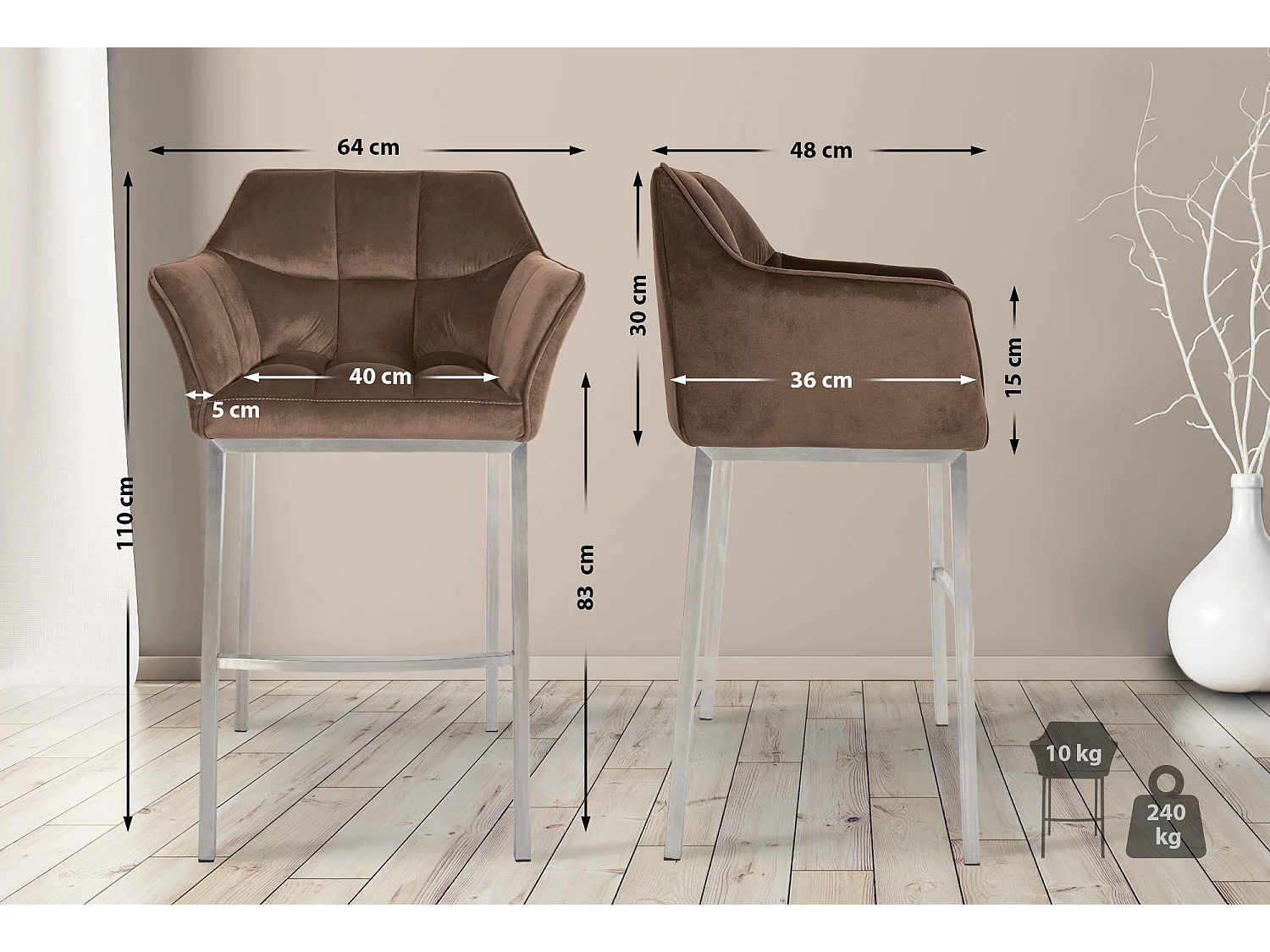 Tabouret de bar - Velours & Acier inoxydable - Marron - Damaso