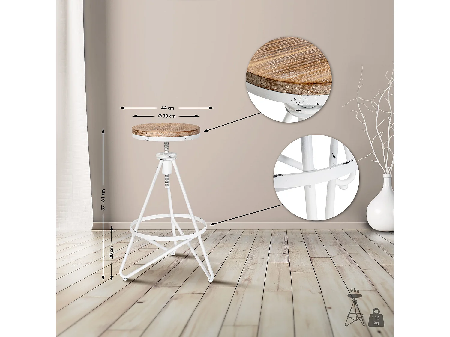 Tabouret de bar - Métal & Nature - Blanc antique - Karla