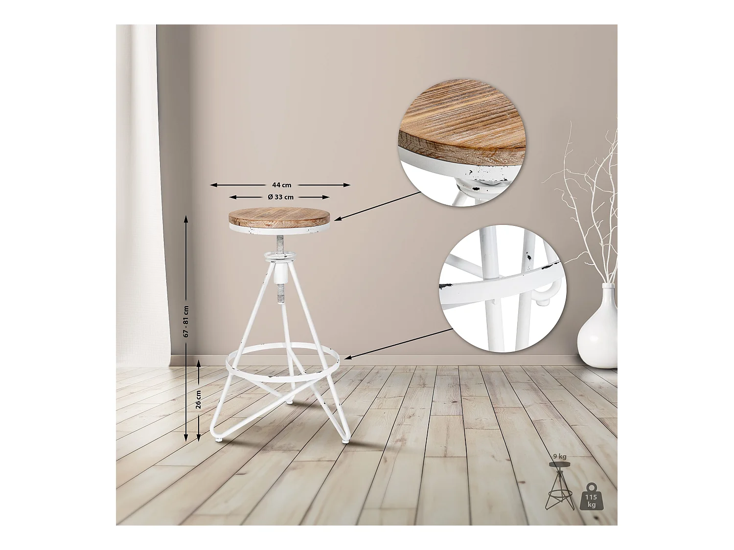 Barhocker - Metall & natura - antik weiß - Karla