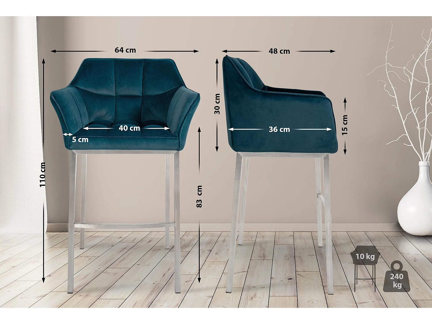 Tabouret de bar - Velours & Acier inoxydable - Vert - Damaso