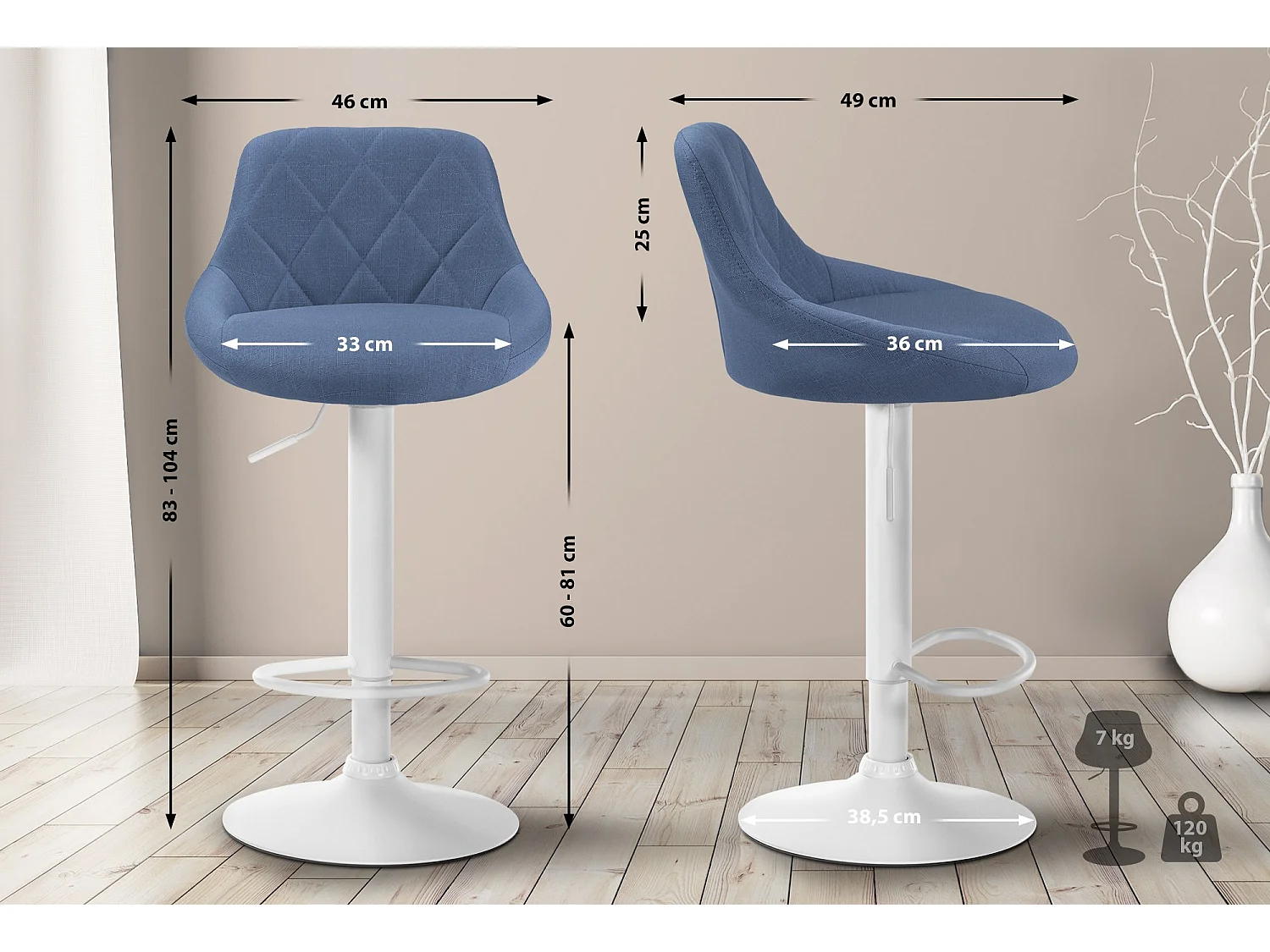 Tabouret de bar - Tissu & Blanc - Bleu - Lazio