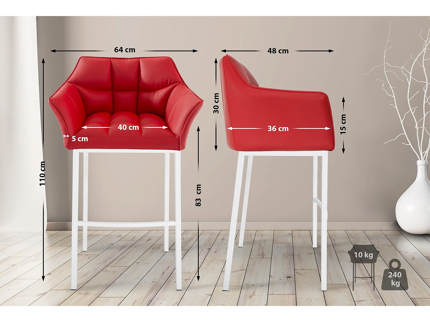 Lot de 2  Tabouret de bar - Similicuir & Blanc - Rouge - DAMASO