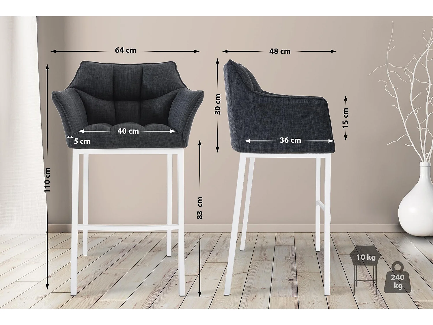 Lot de 2  Tabouret de bar - Tissu & Blanc - Gris foncé - Damaso