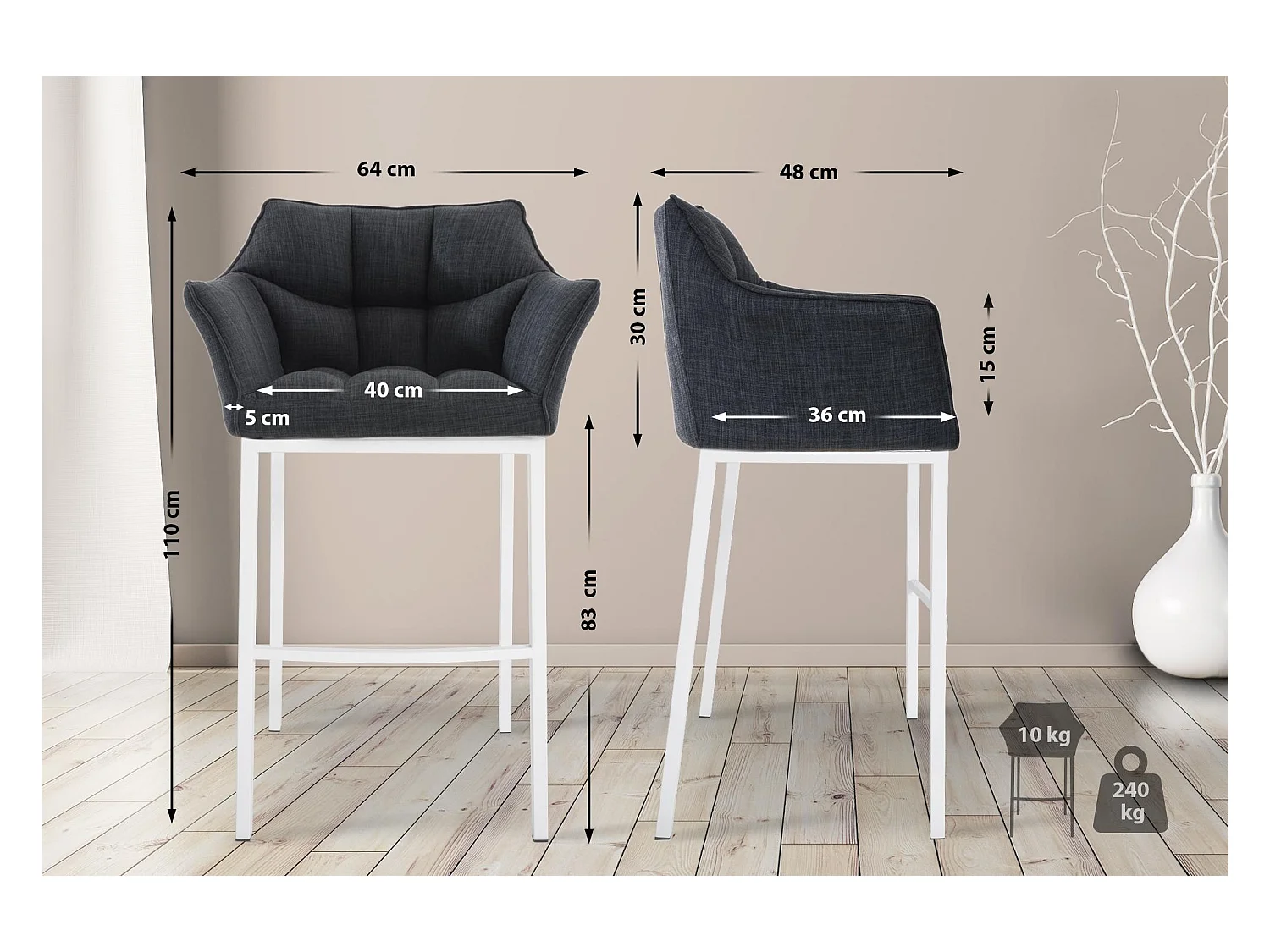 Lot de 2  Tabouret de bar - Tissu & Blanc - Gris foncé - Damaso