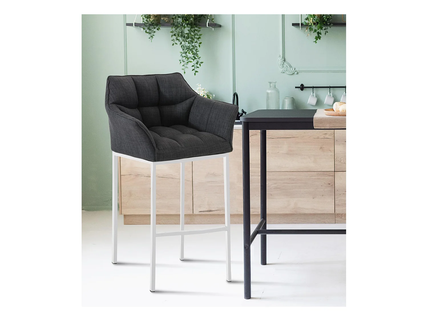 Lot de 2  Tabouret de bar - Tissu & Blanc - Gris foncé - Damaso