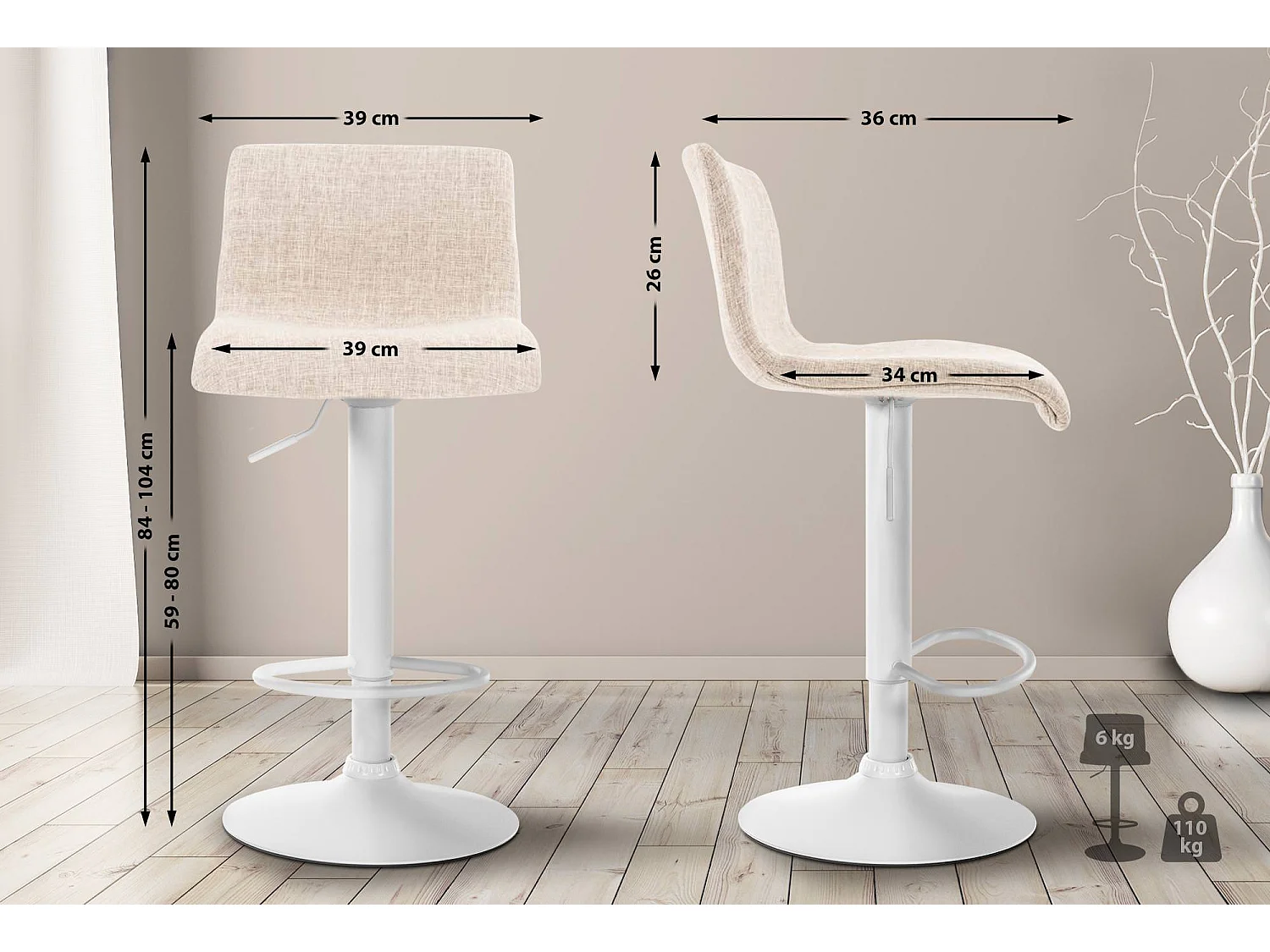 Tabouret de bar - Tissu & Métal blanc mat - Crème - Hover