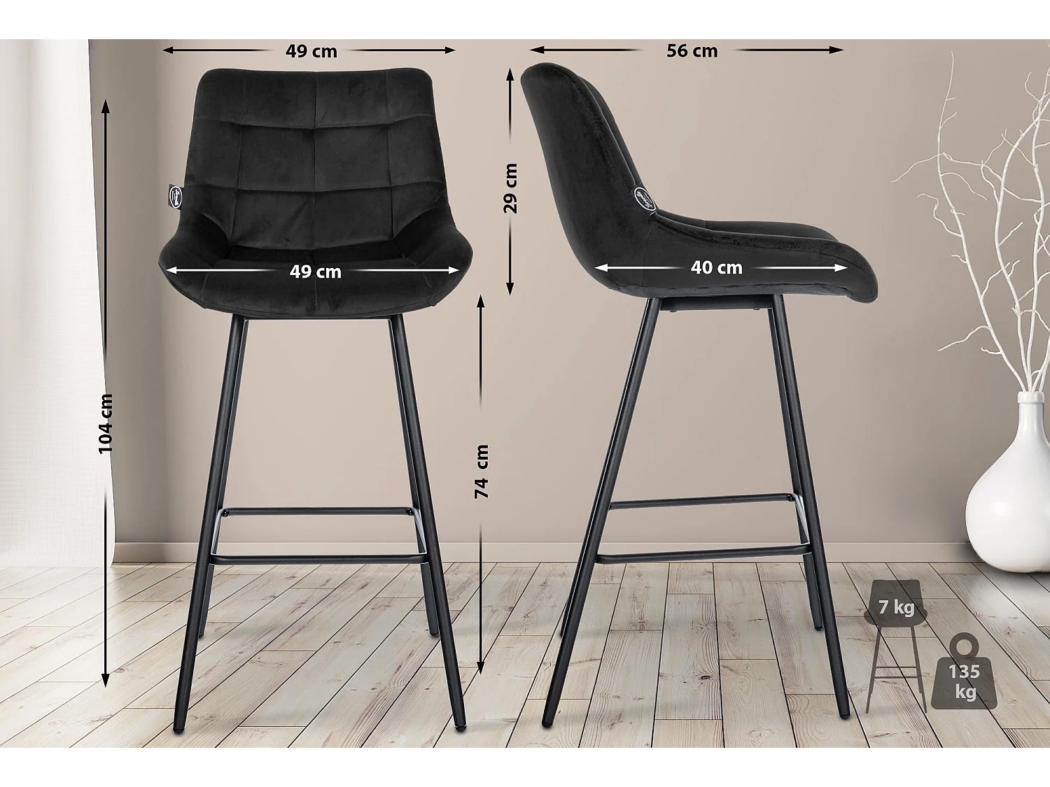 Tabouret de bar - Velours - Noir - Weston
