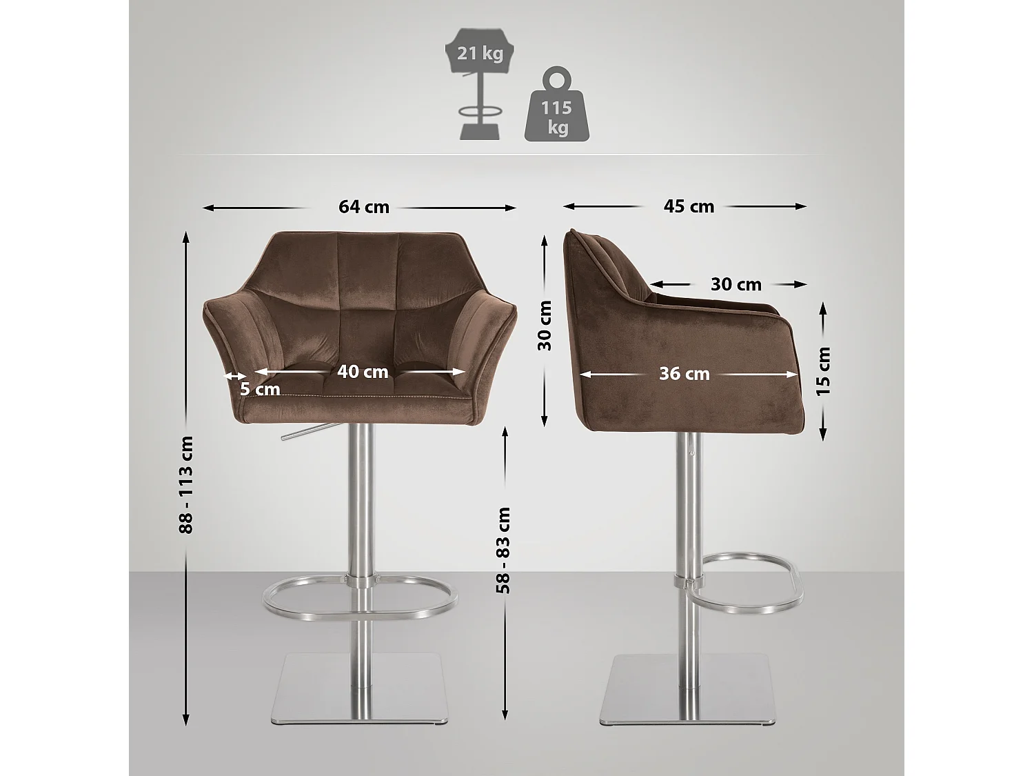 Tabouret de bar - Velours & Acier inoxydable - Marron - Damaso