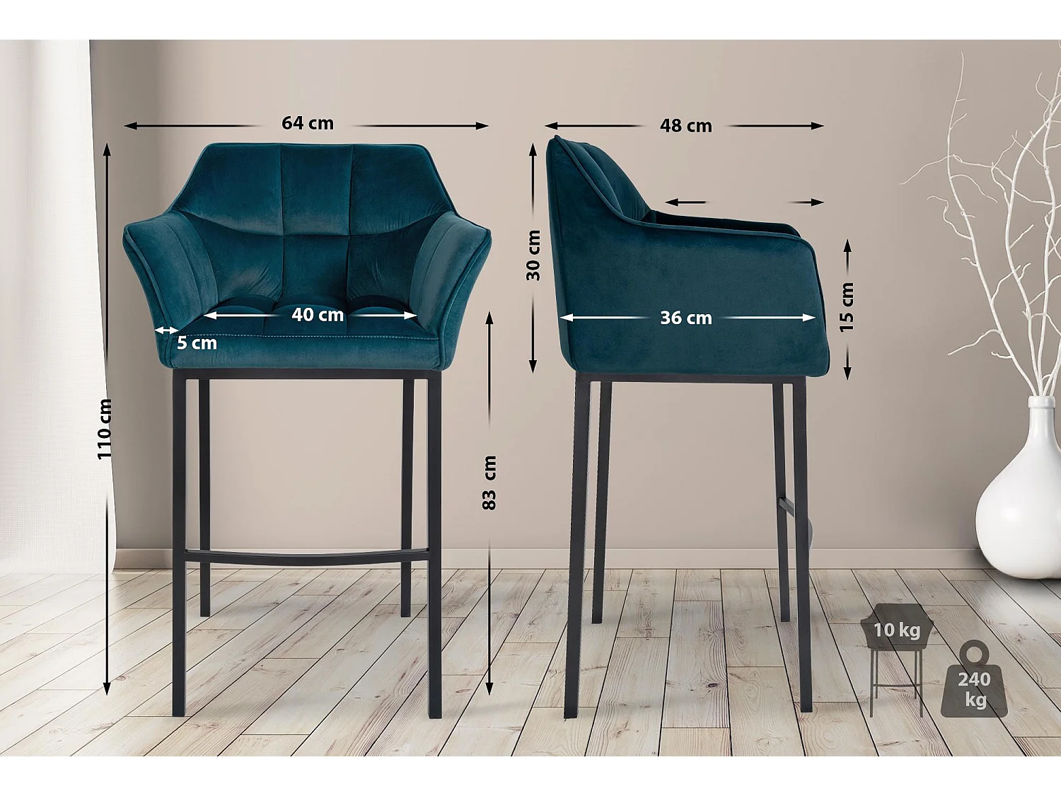 Tabouret de bar - Velours & Noir - Vert - Damaso