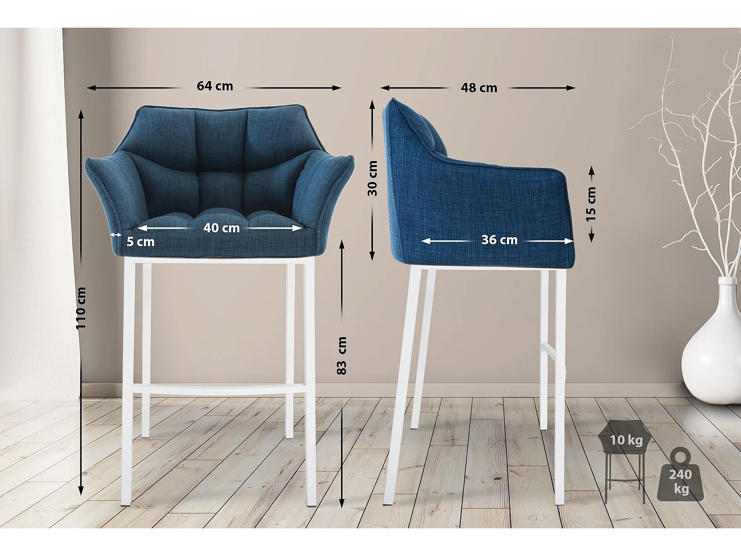 Lot de 2  Tabouret de bar - Tissu & Blanc - Bleu - Damaso